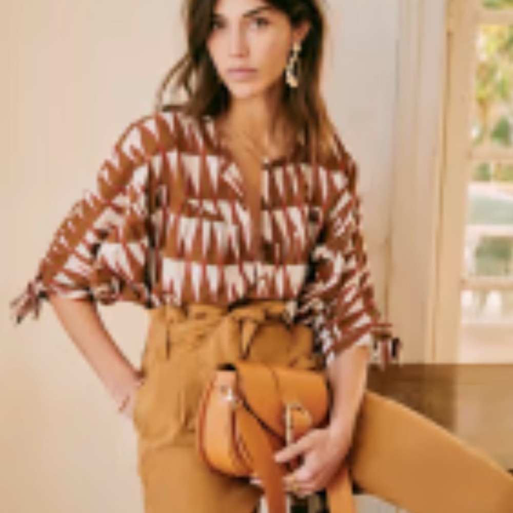 Sezane Geometric Brown and Cream Blouse